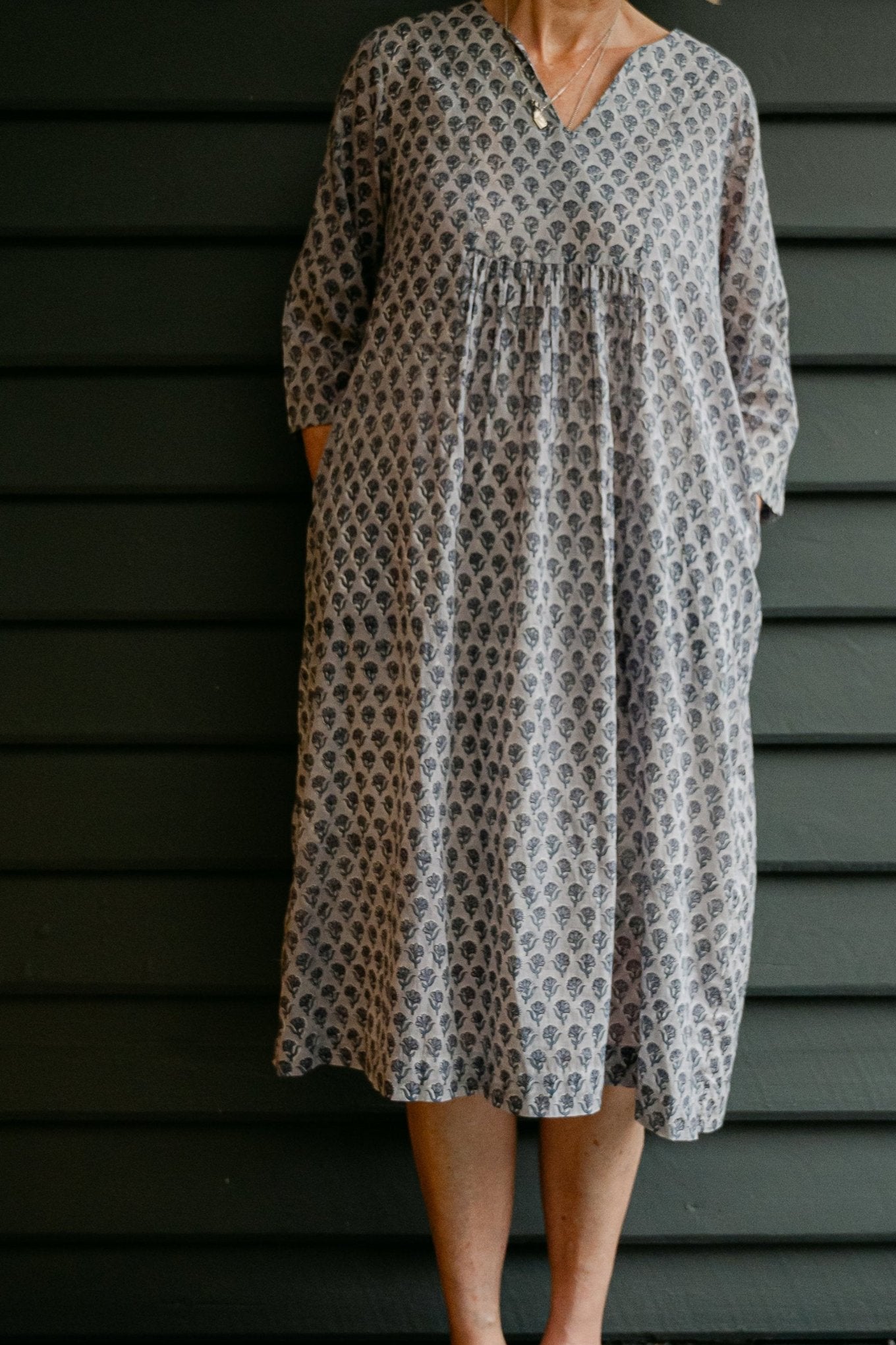 Juniper Hearth blockprint cotton Thea 3/4 sleeve dress in blue grey bhuti design.