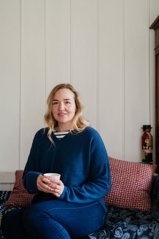 Baby yak wool Iris sweater V-neck loose fit in sapphire blue.