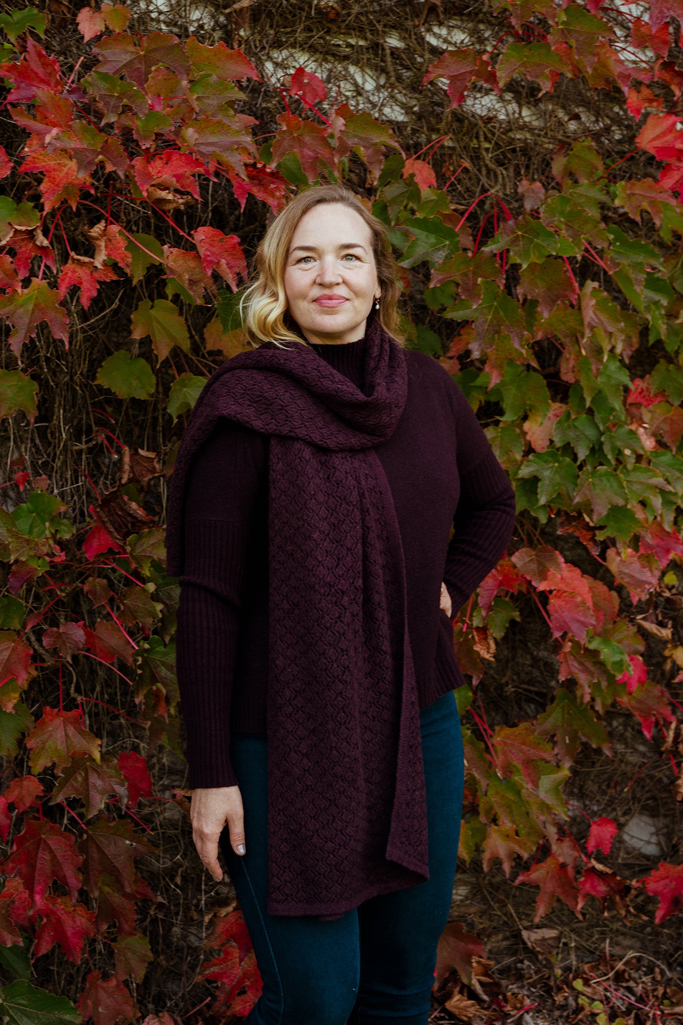 Baby yak wool Maxim one size turtle neck sweater with rib sleeves in aubergine.