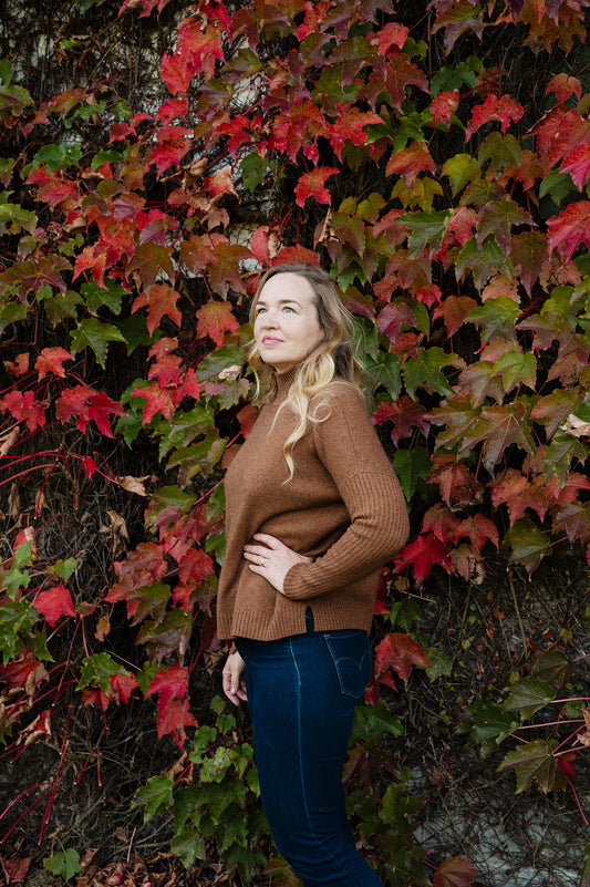 Juniper Hearth Maxim baby yak one size sweater in rust brown.