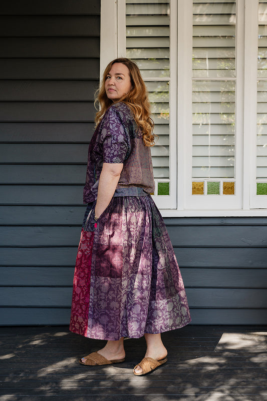 Lotus Veda Charm handloom blockprint cotton skirt - purple check
