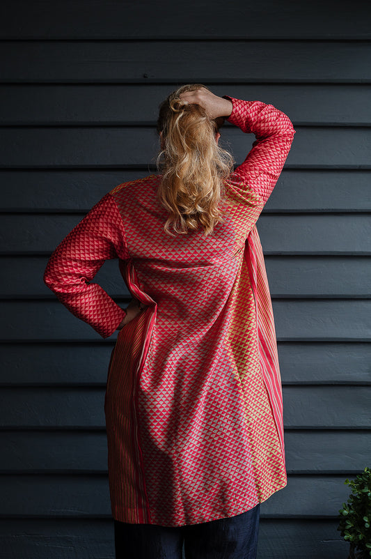 Brahma Karma chanderi cotton silk cherry red and gold triangle spotted tunic dress with gathered side panels.