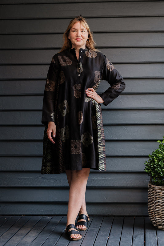 Brahma Karma chanderi cotton silk ebony tunic dress with bronze flowers and geometric side panels.