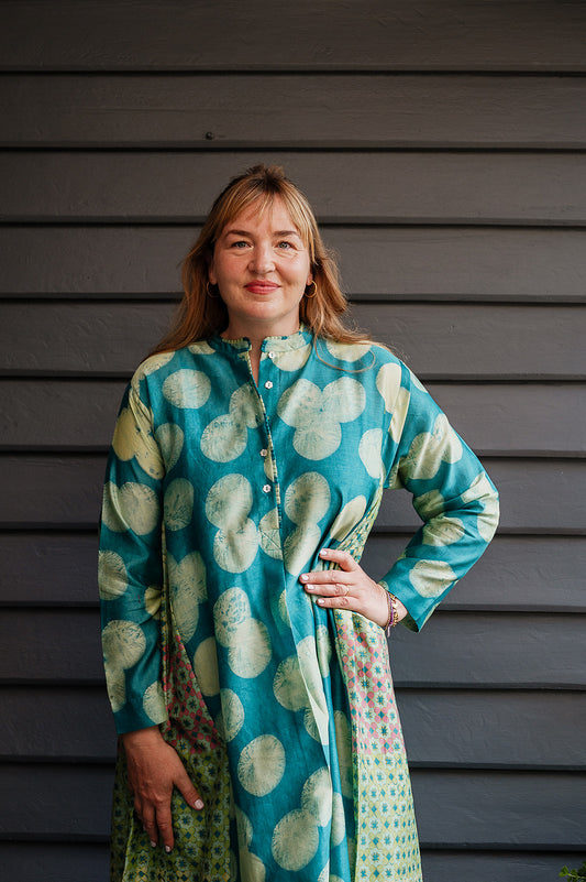 Brahma Karma chanderi cotton silk emerald green tunic dress with geometric side panels.