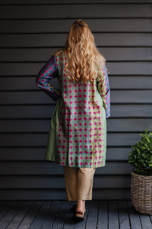 Brahma Karma chanderi cotton silk blue, green and lilac spotted tunic dress with gathered side panels.