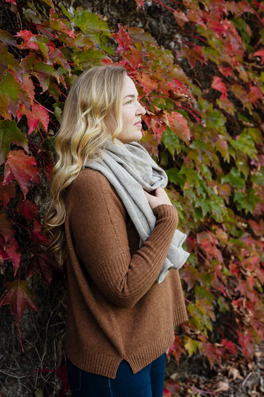 Juniper Hearth pure cashmere scarf in ash grey.