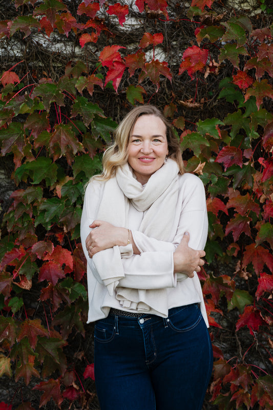 One size reversible cashmere cardigan in ecru, with matching scarf.