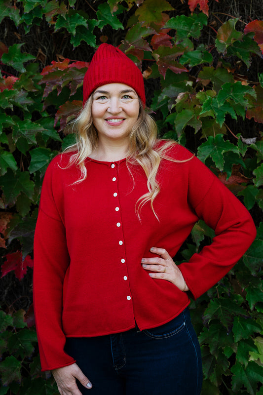 Juniper Hearth one size cashmere cardi in scarlet red.