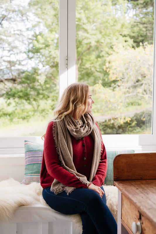 Baby yak one size reversible cardigan sweater with hand embroidered buttons in cherry red.