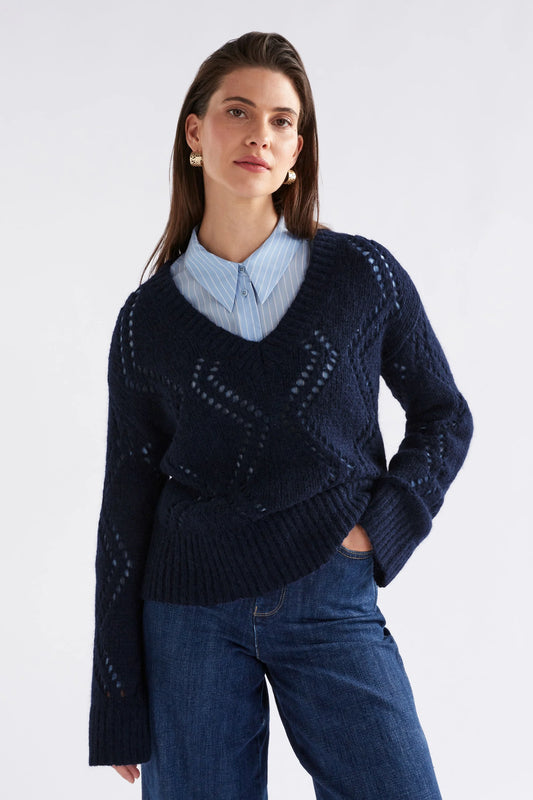 Elk Sirona v-neck argyle pointelle knit sweater in wool alpaca blend.