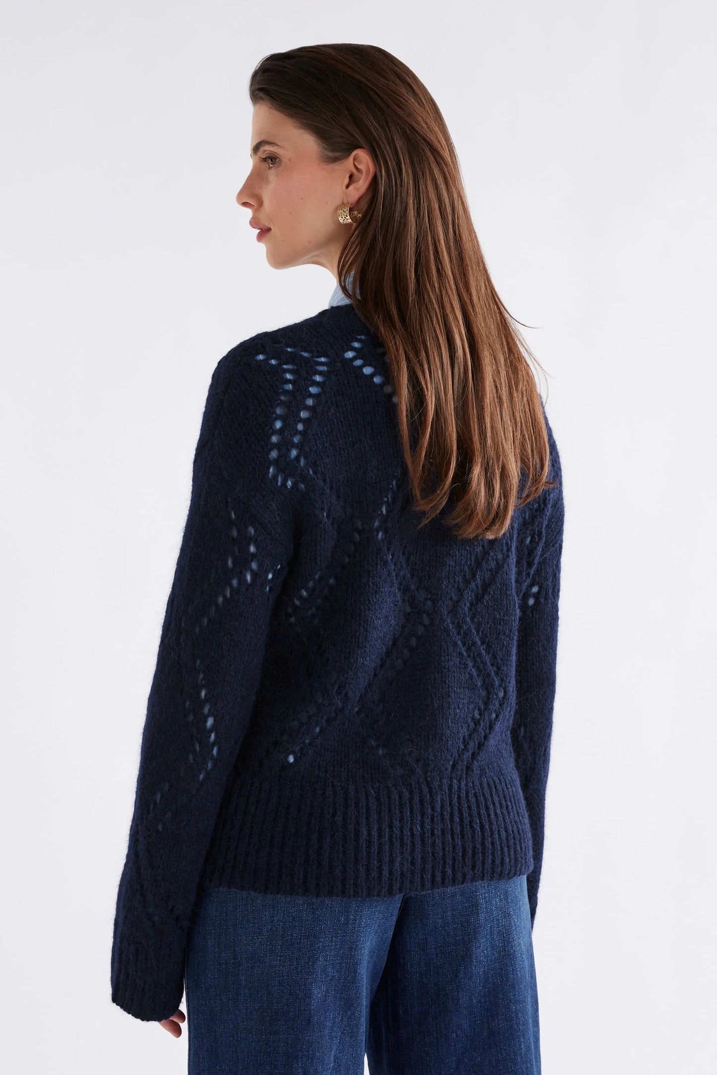 Elk Sirona v-neck argyle pointelle knit sweater in wool alpaca blend.