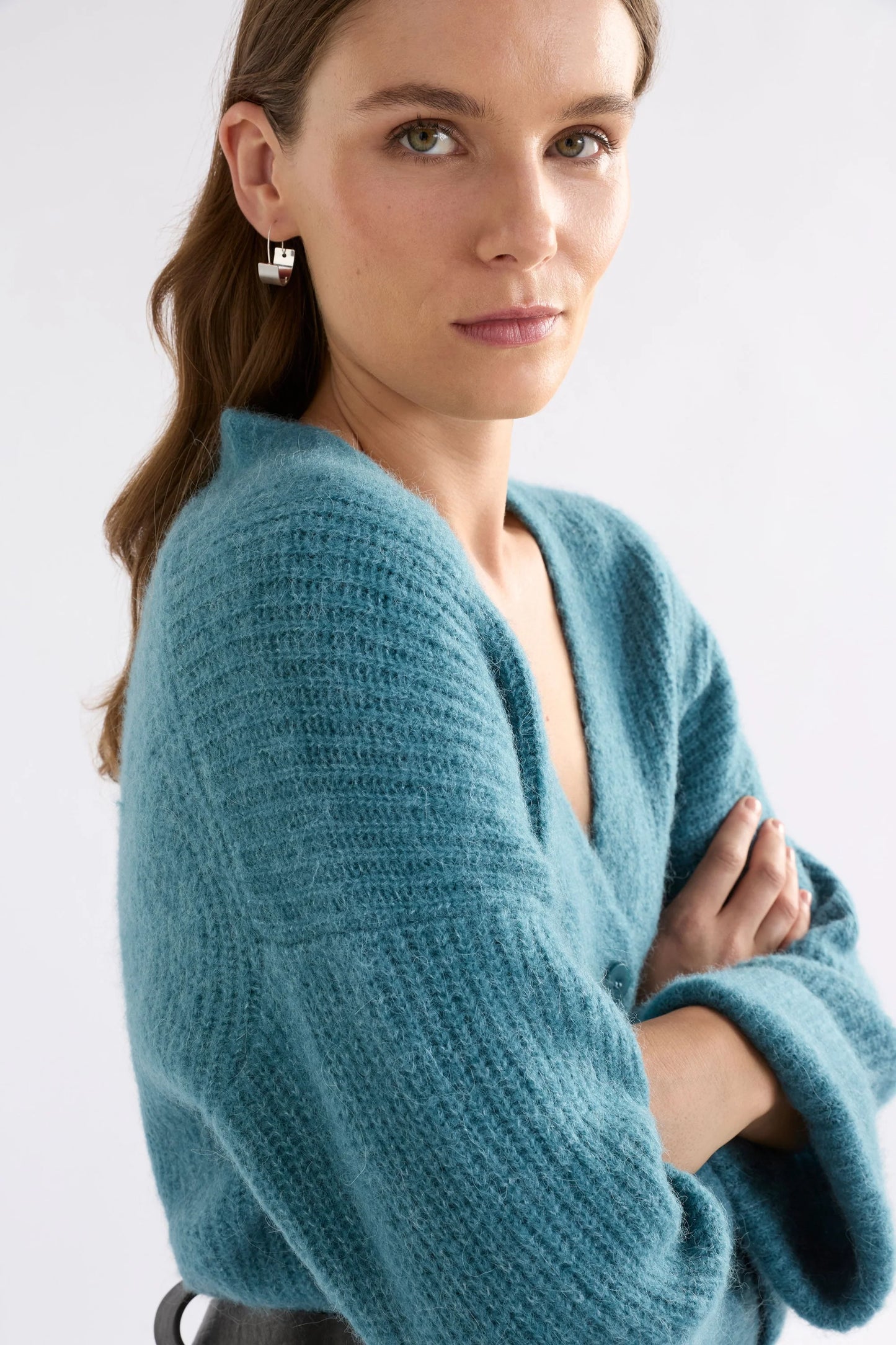 Elk Aila longline cardigan in alpaca wool blend in stone blue.