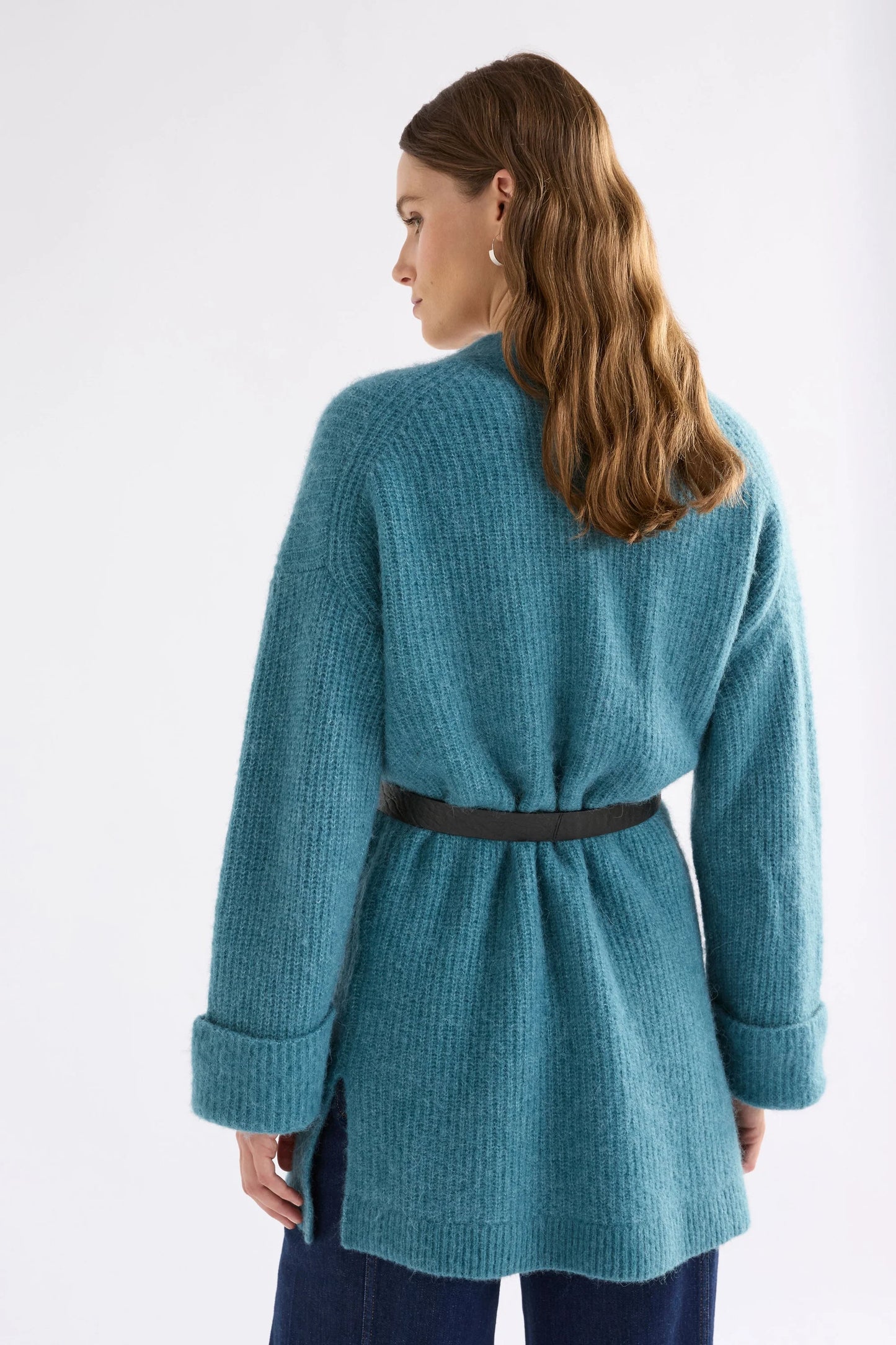 Elk Aila longline cardigan in alpaca wool blend in stone blue.