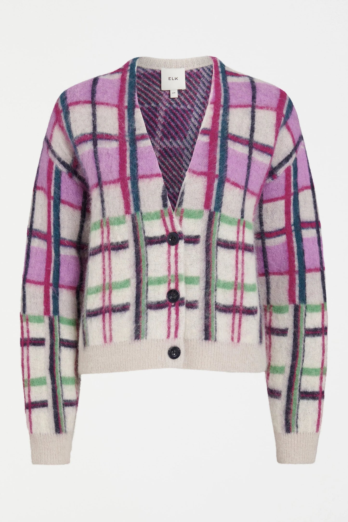 Elk Ostti wool alpaca blend cardigan in vibrant navy and pink check.