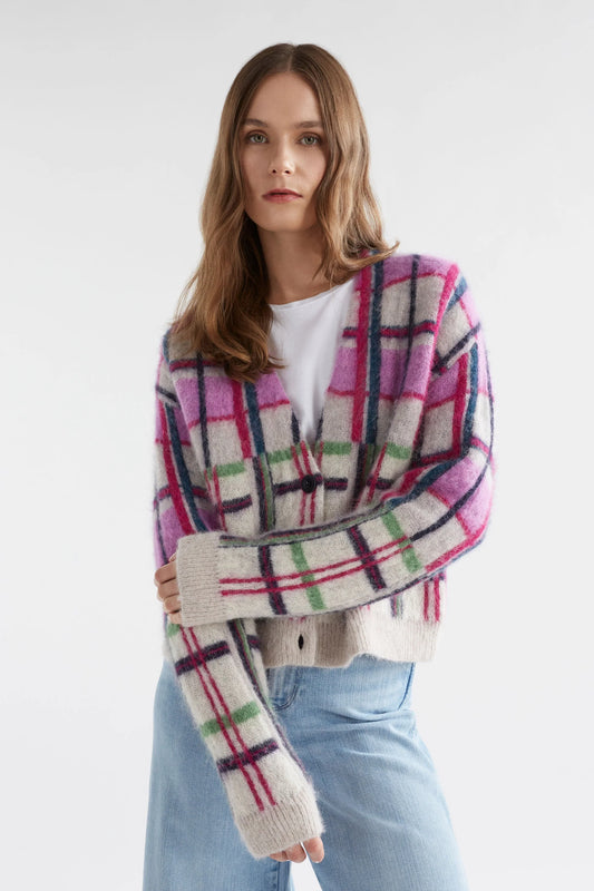 Elk Ostti wool alpaca blend cardigan in vibrant navy and pink check.