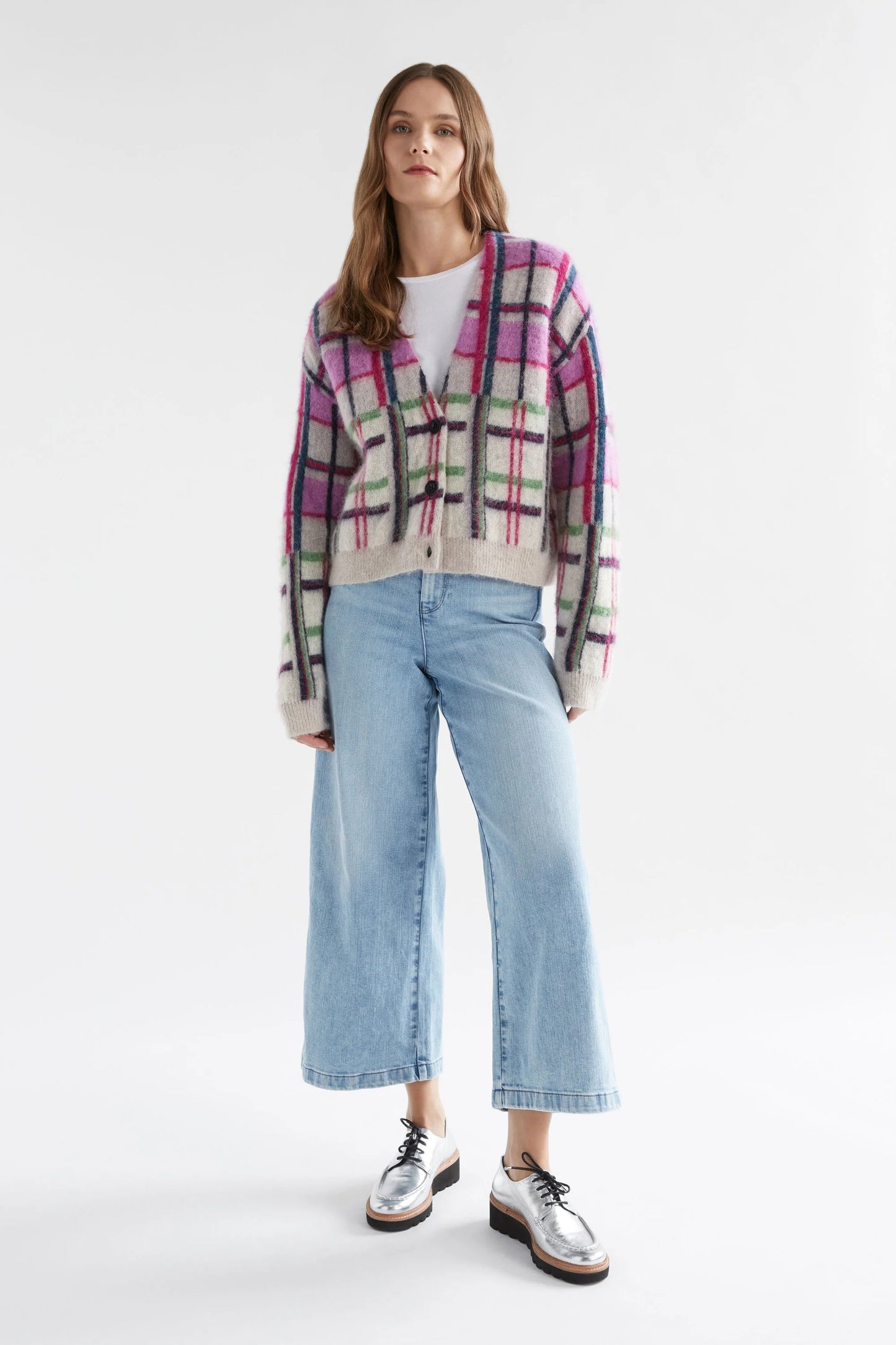 Elk Ostti wool alpaca blend cardigan in vibrant navy and pink check.
