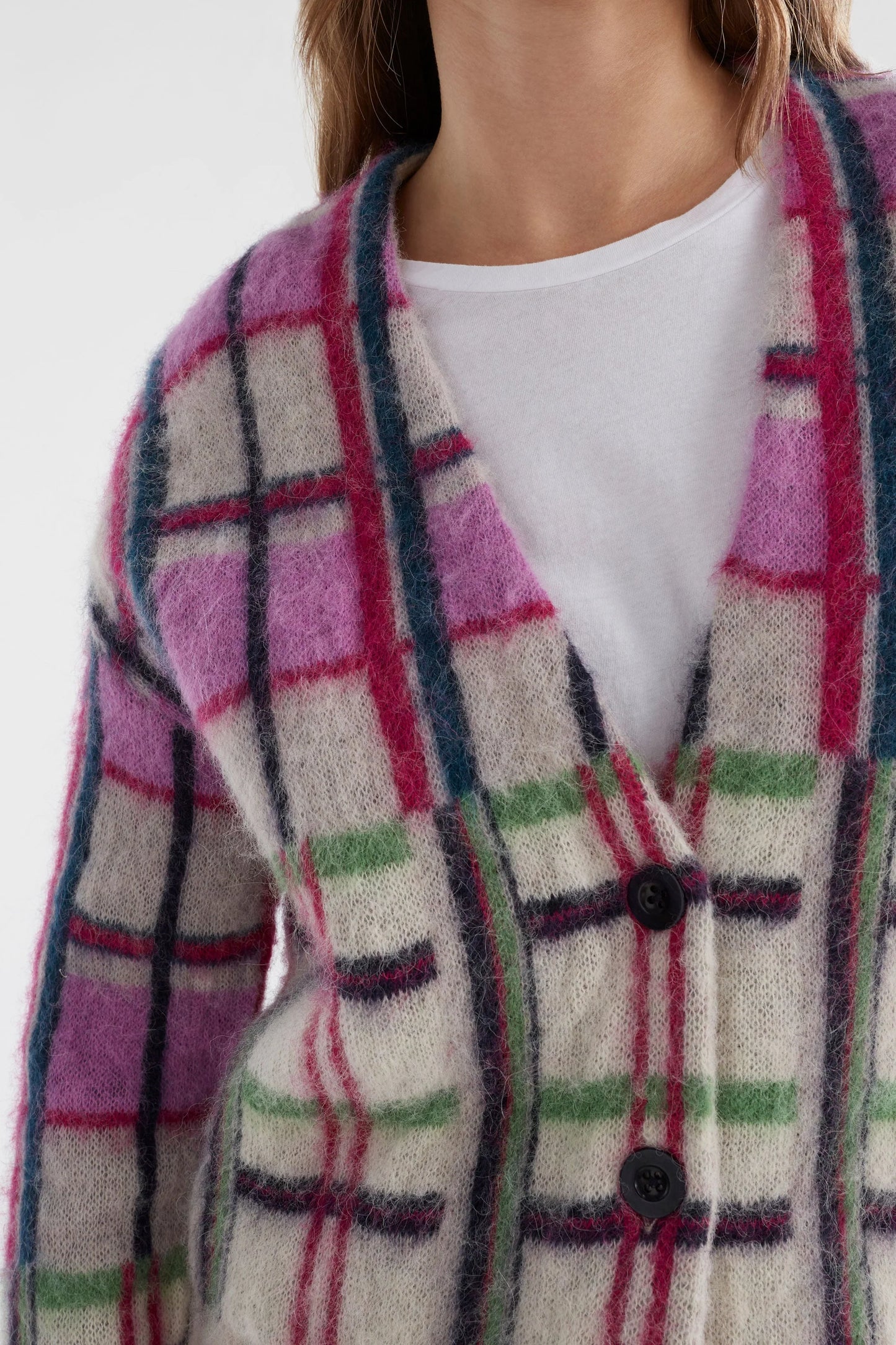 Elk Ostti wool alpaca blend cardigan in vibrant navy and pink check.
