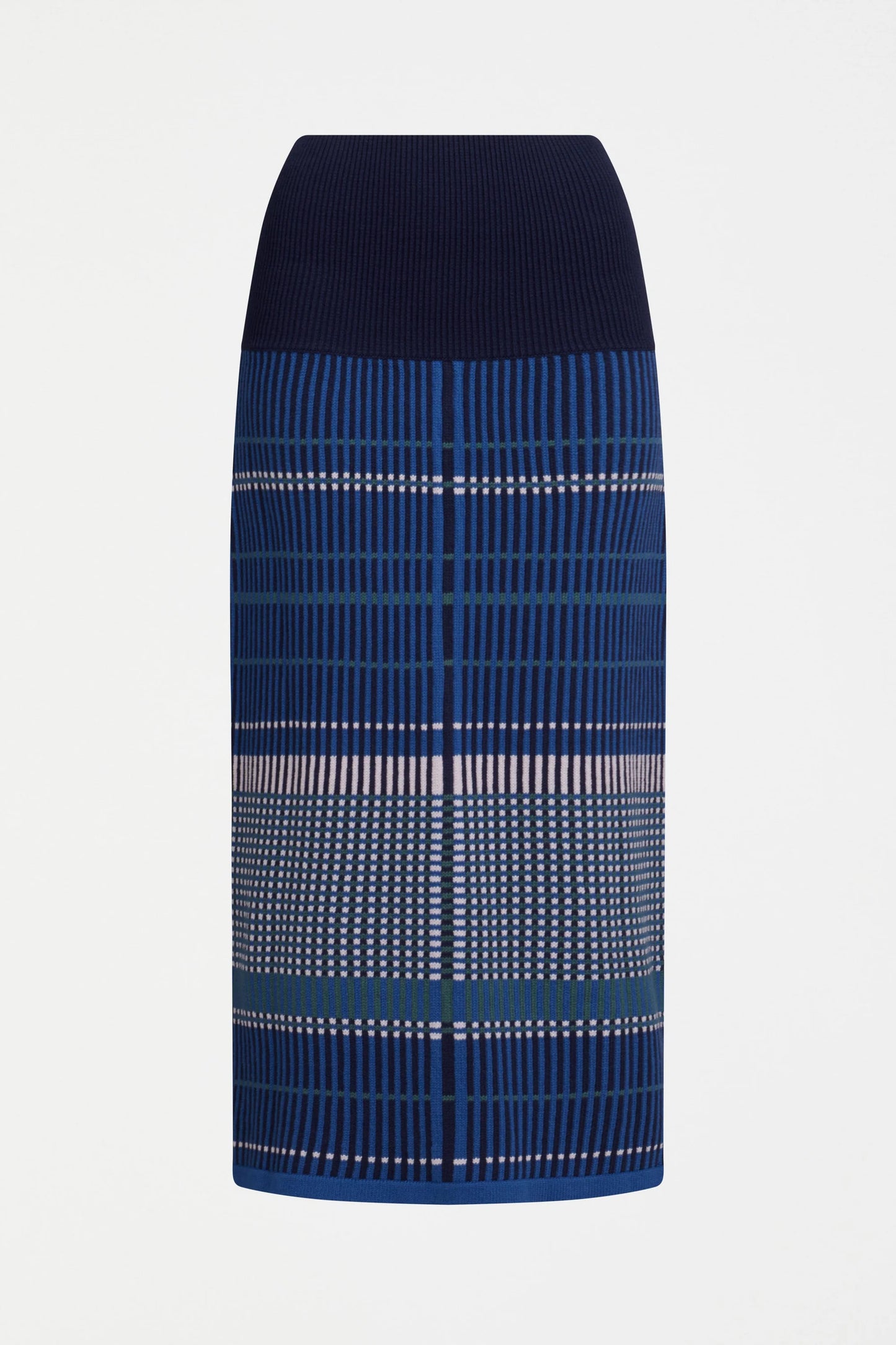 Elk Cila organic cotton knit skirt in blue multi check stripe.