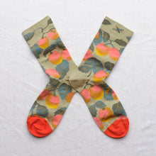 Load image into Gallery viewer, Bonne Maison cotton socks with apples fruit on sage green.