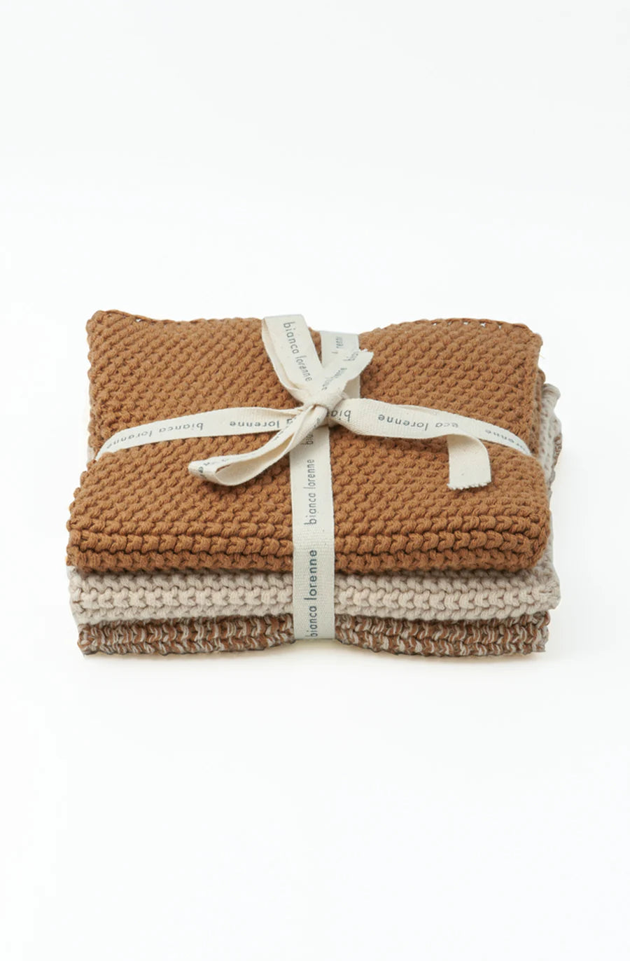 Bianca Lorenne set of 3 organic cotton knitted washcloths in clay tones.