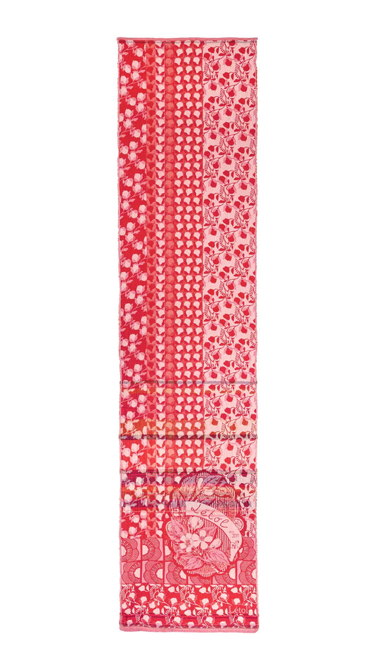 Letol organic cotton jacquard weave scarf Lino flowers and geometrics in cerise cherry red.