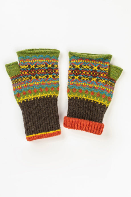 Eribe Alloa fairisle mittens in October - olive green, orange and chocolate brown.