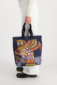 Inoui editions Hulule street bag cotton canvas tote with floral owls on navy.