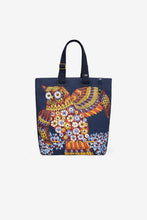 Load image into Gallery viewer, Inoui editions Hulule street bag cotton canvas tote with floral owls on navy.