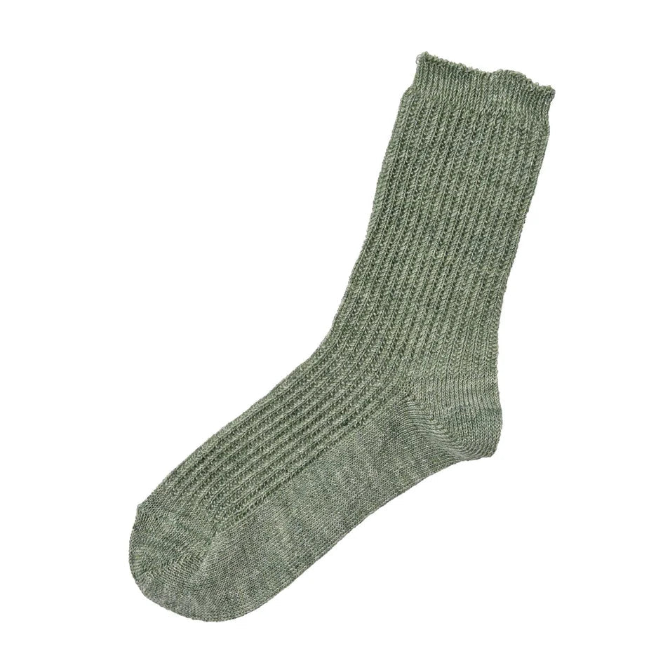 Memeri linen blend rib knit crew length sock made in Japan in sage green.