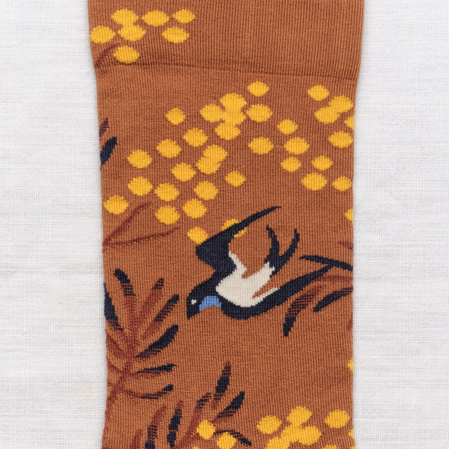Bonne Maison floral socks caramel mimosa with black bird.