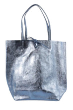 Load image into Gallery viewer, Maison Fanli French designed Italian made metallic blue jeans denim blue leather tote bag.