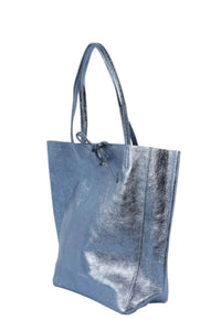 Maison Fanli French designed Italian made metallic denim blue leather tote bag.