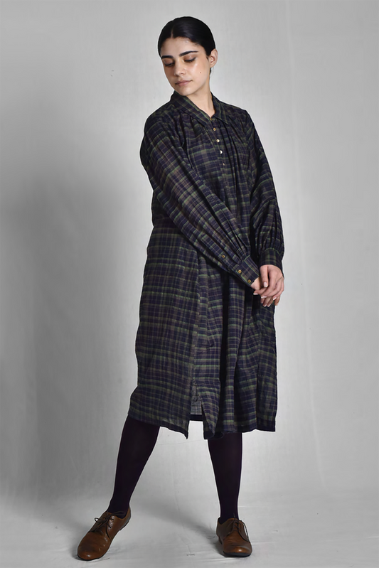 Maku Asther loose fittimg dress, cotton silk check with jamdani.