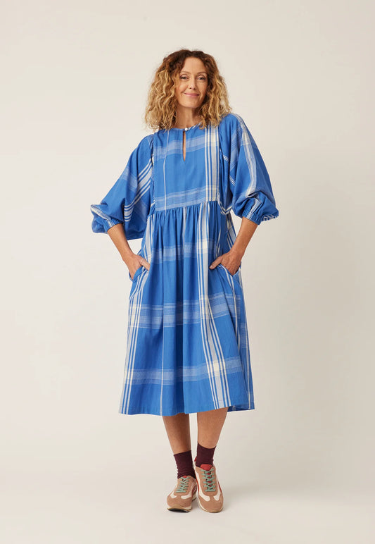 Nancybird handwoven cotton plaid blue and white  Polly maxi dress.