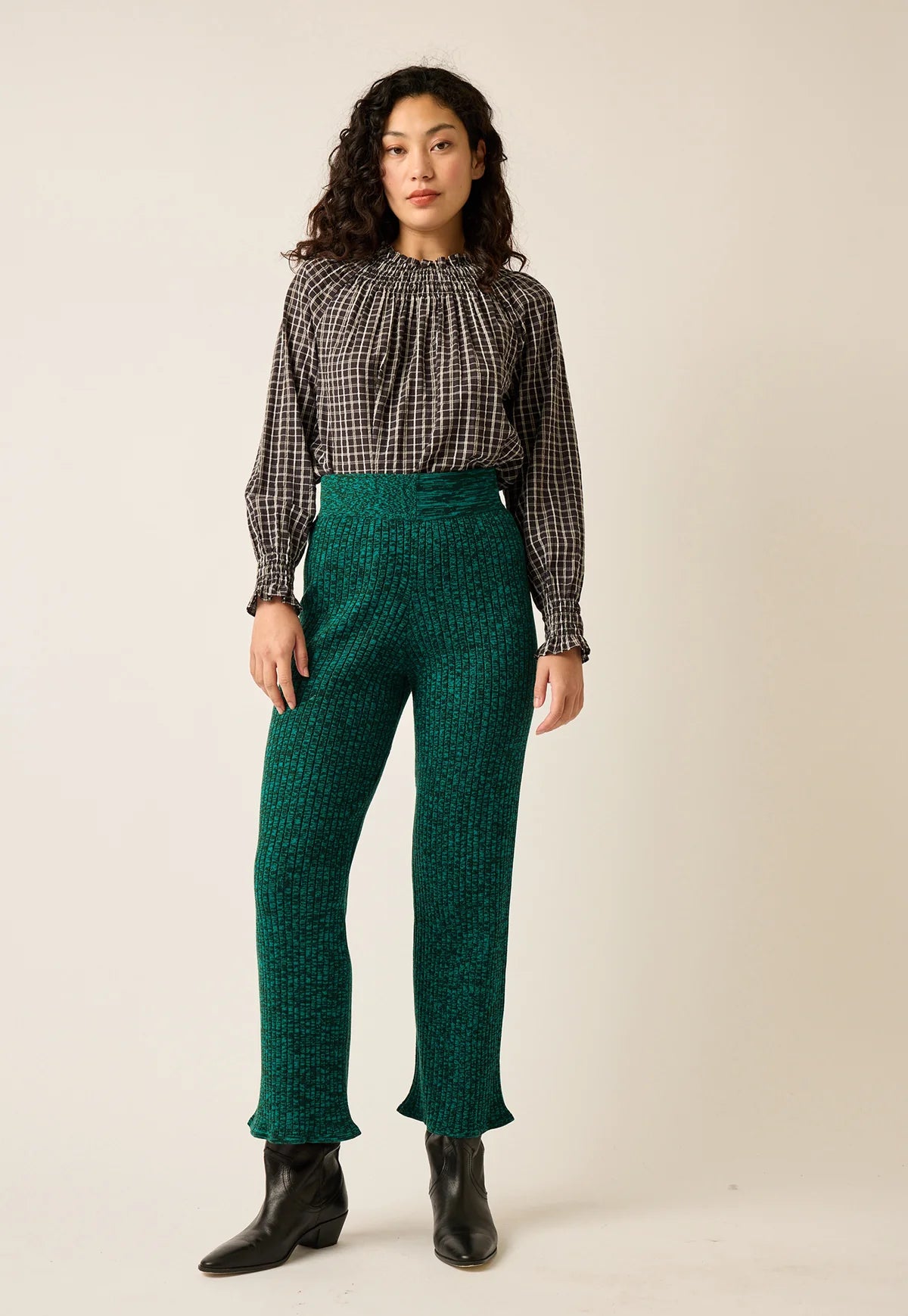 Nancybird cotton jersey ribbed knit Naho pants in speckled jade green.