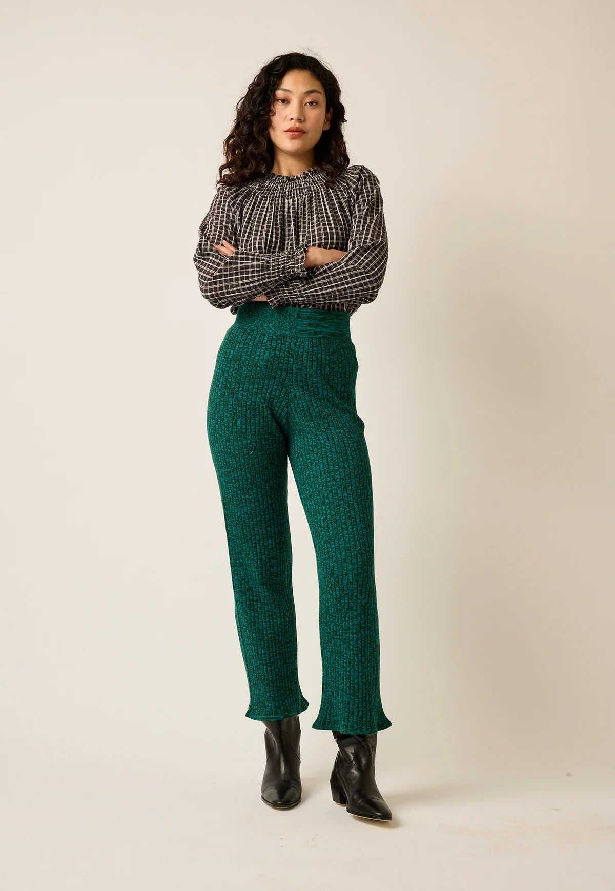 Nancybird cotton jersey ribbed knit Naho pants in speckled jade green.