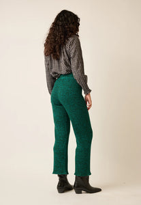 Nancybird cotton jersey ribbed knit Naho pants in speckled jade green.