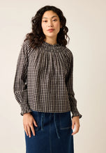 Load image into Gallery viewer, Nancybird Rowena black and white check blouse with shirred neckline and long sleeves with shirred cuffs.