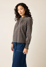 Load image into Gallery viewer, Nancybird Rowena black and white check blouse with shirred neckline and long sleeves with shirred cuffs.