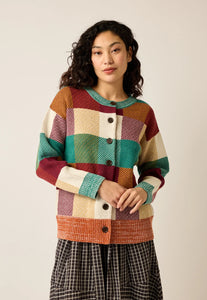 Nancybird chunky check cotton wool knit Matilda cardigan checks in burgundy, ginger, teal and ecru.