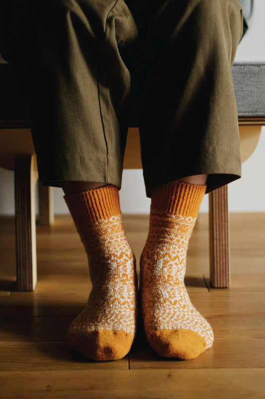 Nishiguchi Oslo wool jacquard socks in orange lantern.