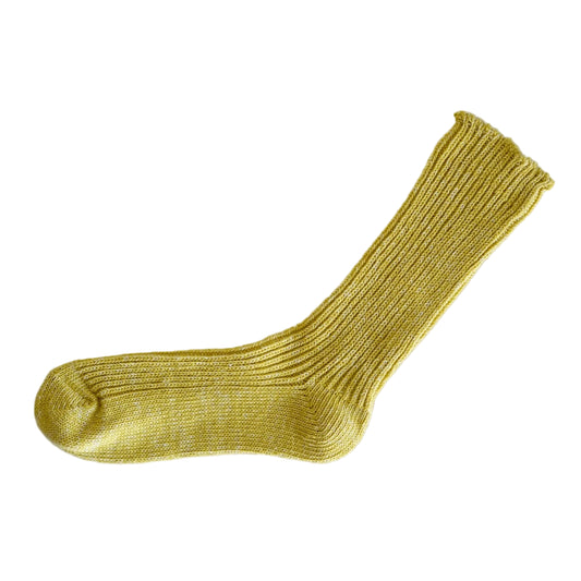 Nishiguchi made in Japan vintage yellow Boston cotton hemp crew length sock.