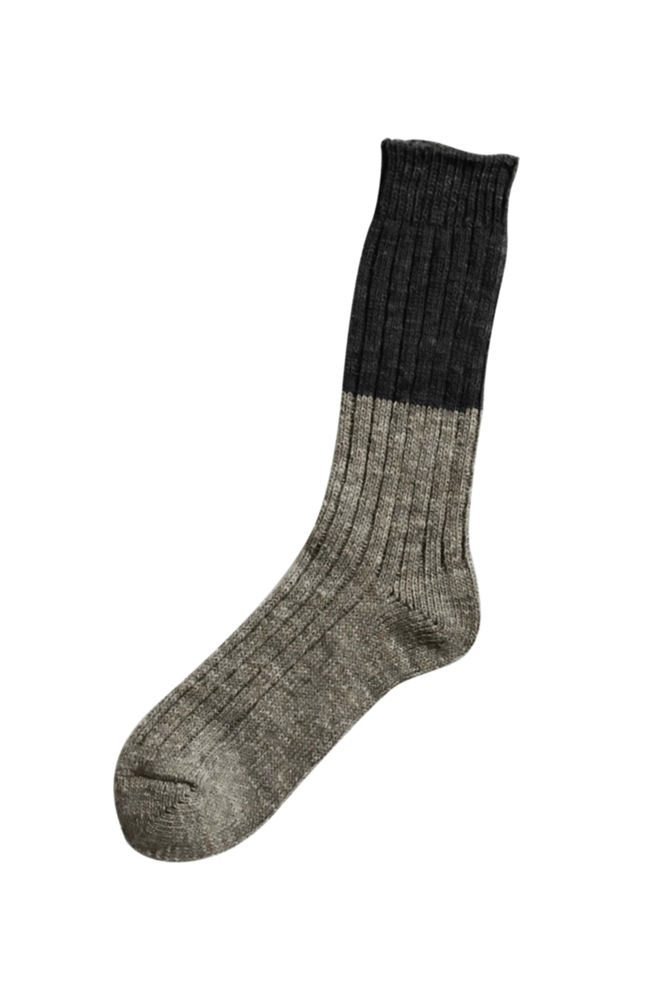 Nishiguchi Kustushita made in japan Boston wool cotton thick weave rib slab socks in two tone charcoal and grey.