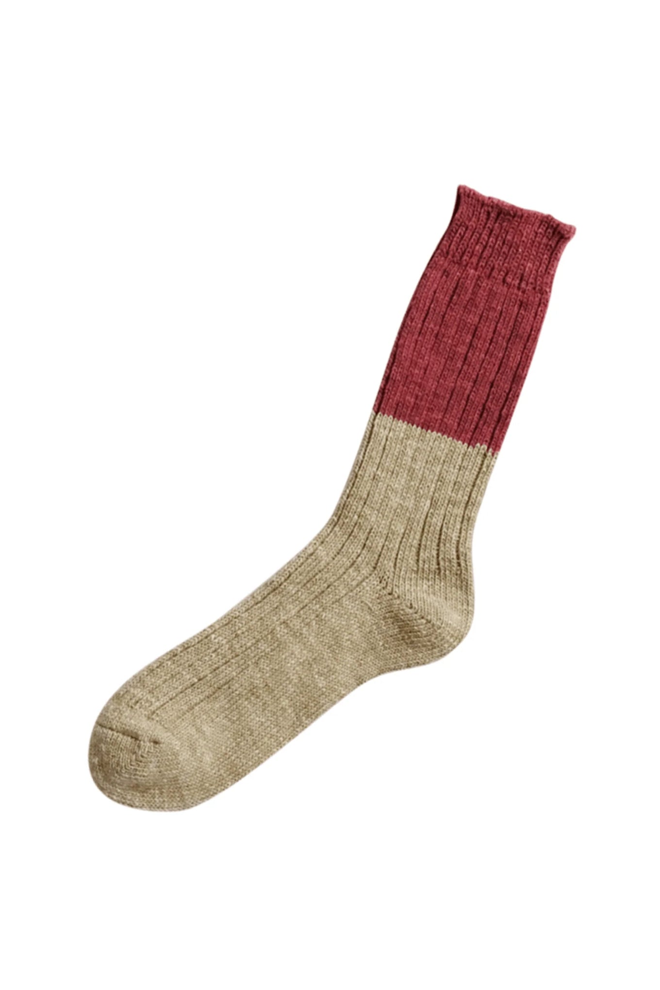 Nishiguchi Kustushita made in japan Boston wool cotton thick weave rib slab socks in two tone red and oatmeal.