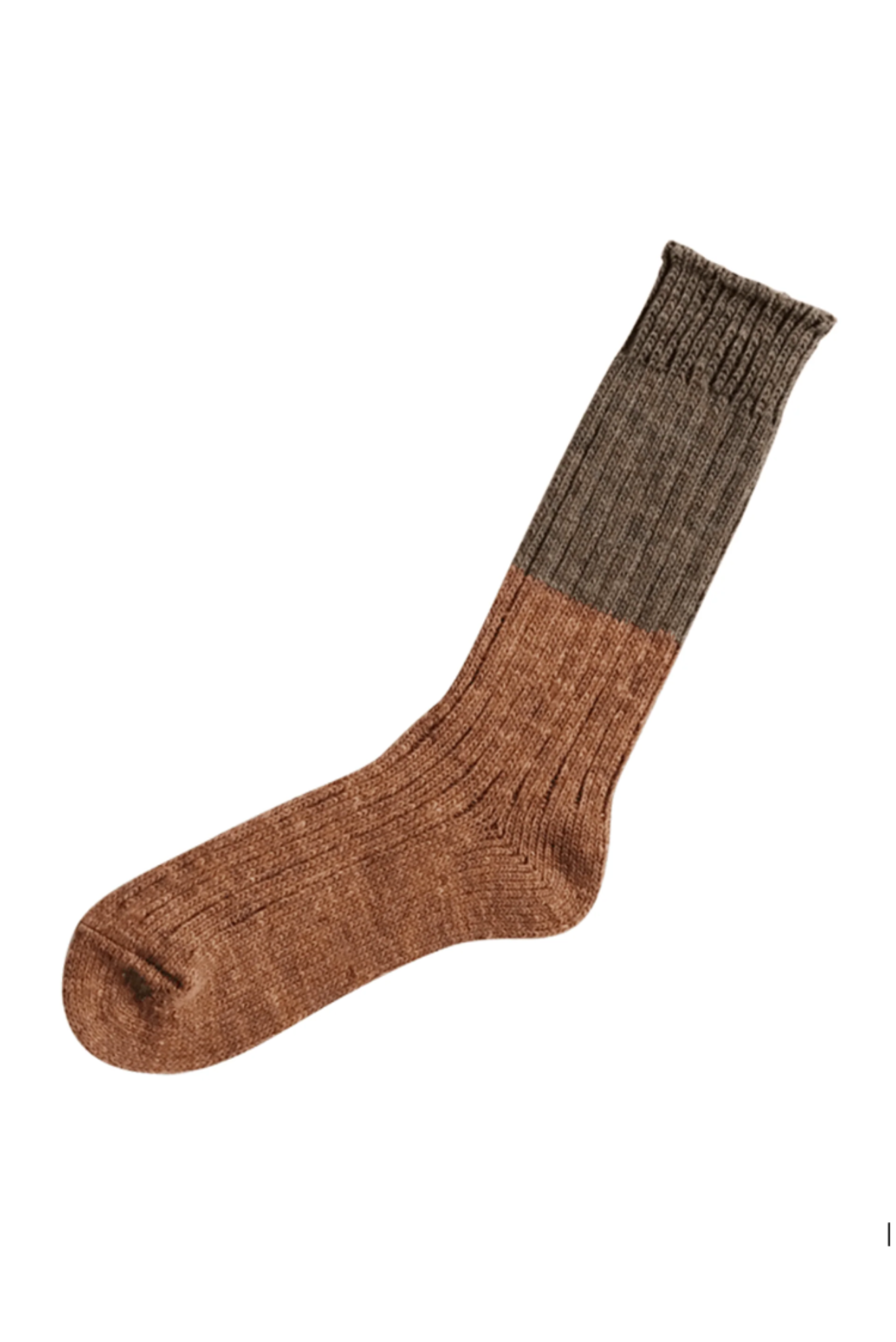 Nishiguchi Kutsushita made in Japan single ribbed knit crew wool cotton slab sock in a two-tone color-block design, featuring a warm brown foot section and a dark brown ribbed cuff section, shown on a plain white background.