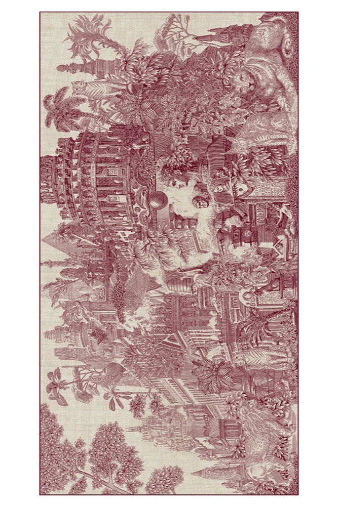 Inoui Editions cotton silk scarf Piranesi red, classical landscape with big cats.