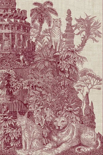 Inoui Editions cotton silk scarf Piranesi red, classical landscape with big cats.