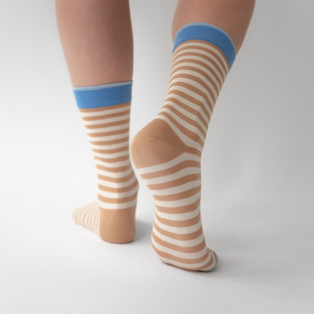 Bonne Maison cotton socks, light caramela and cream stripe with blue edging.