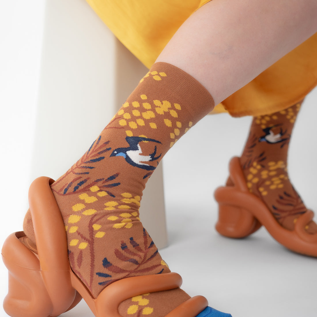 Bonne Maison floral socks caramel mimosa with black bird.