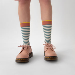 Bonne Maison blue and white stripe socks with yellow toe.